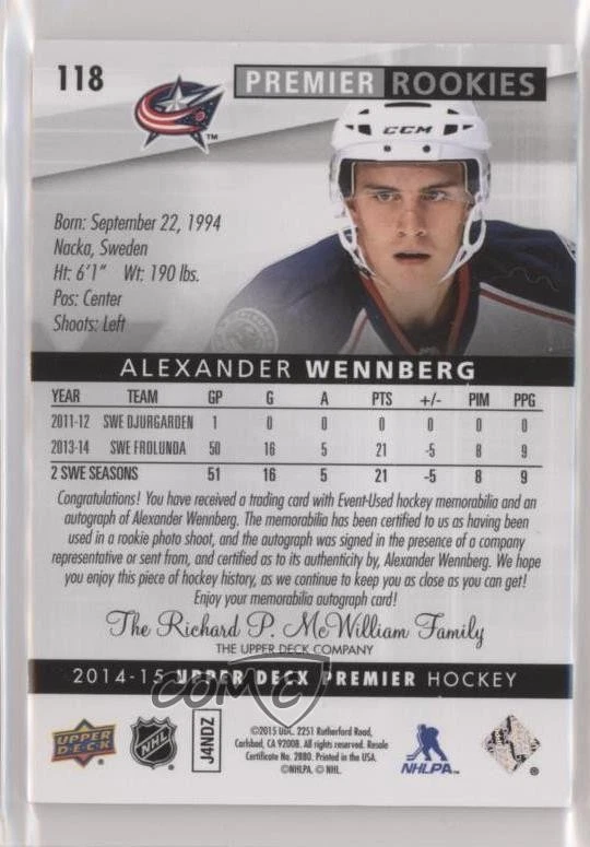 2014 Premier Acetate Auto-Patch /299 Alexander Wennberg RPA Rookie Patch Auto RC - Image 2 of 2