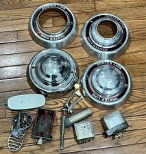 Center Line Hubcaps Set of 4 + Vintage Auto Parts Lot Mixed Accessories