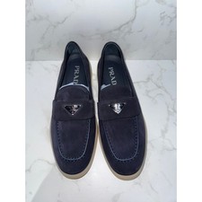 Prada Triangle Logo Suede Loafers Navy Blue 37.5