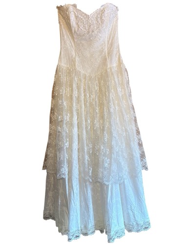 VTG Strapless Jessica McClintock Ivory Floral Lace Sweetheart Wedding Dress 2XS