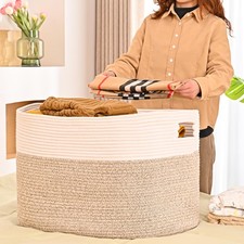Extra Large Blanket Basket for Living Room, Rectangle Woven Cotton Rope Stora...