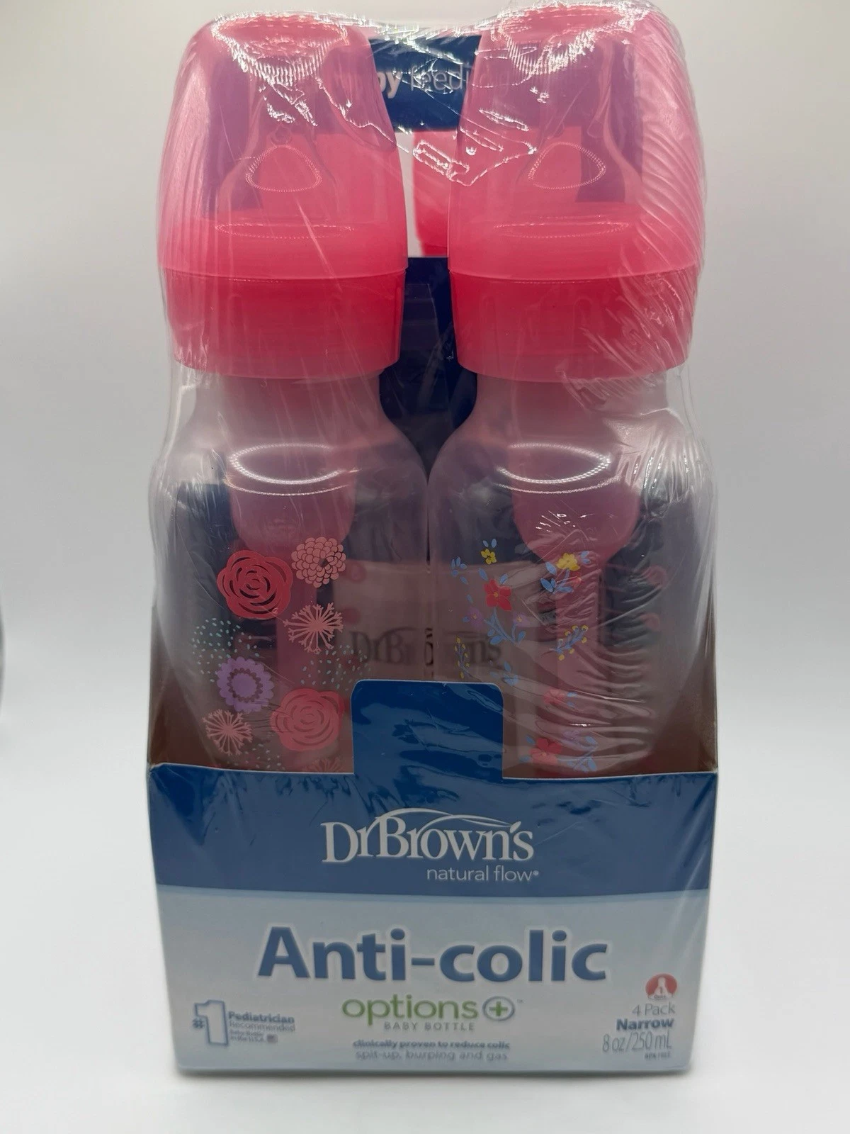 Dr Brown Baby Bottle Natural Flow Anti Colic Narrow Pink 8 Oz/250 ml 4 pack
