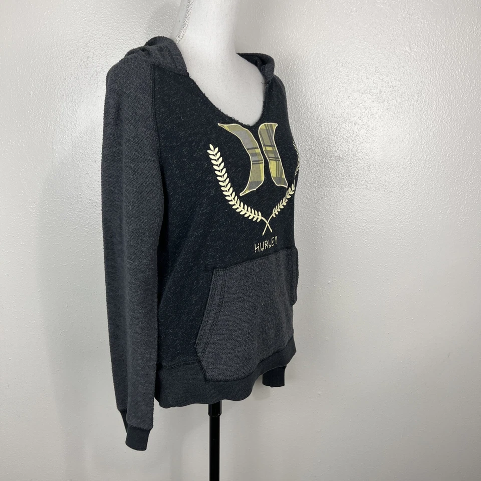 Hurley 毛衣女式中号灰色黄色图形套衫连帽衫勺子休闲 — 第 3/4 张图片