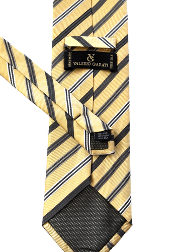 Corbata Valerio Garati 100% Seda Hombre, Negro Gris Blanco Rayas Sobre Amarillo 62x4" - Imagen 4 de 6