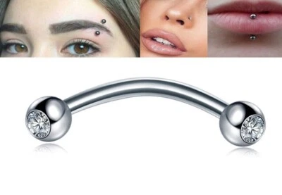 16G Double Clear CZ GEM Long Snake Eyes Piercing Ring Tongue Barbell Steel 330
