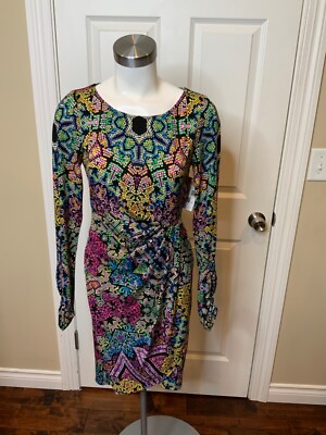 Hale Bob Multicolor Mosaic Patterned Long Sleeve Gathered Dress, Size Small