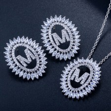 Round Letter Name Leaf Necklace Earrings Silver Plated CZ Jewelry Set for Women