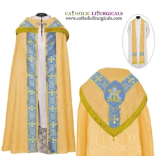 NEW Yellow Cope & Stole Set with AM embroidery, capa pluvial, chape, far fronte