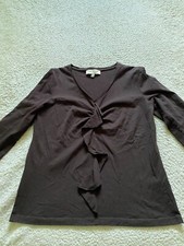 Jones New York Women Ruffle 3/4 Sleeve V-Neck T-Shirt Brown Petites PL