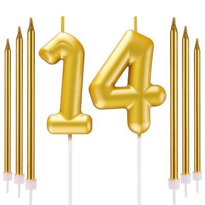 Gold Zahl 14 Kerze + 6 Stabkerzen Geburtstag Party Tortendeko Alter Jahr