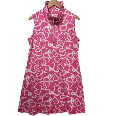 Lulu-B Damen rosa weiß Schnörkel Herz Viertel Reißverschluss ärmellos Golfkleid Large - Bild 1 von 4