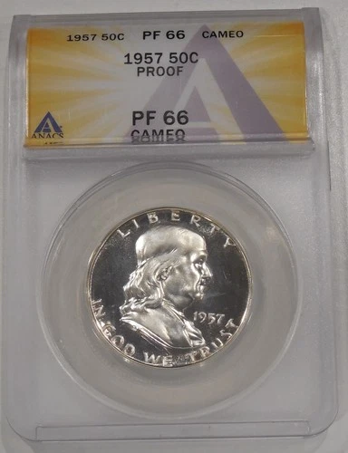 1957 PROOF Franklin Half DOLLAR - 90% SILVER * ANACS PF 66 * CAMEO