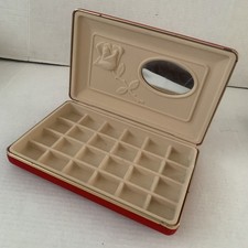 Vintage Red Velvet Clamshell Travel Jewelry Box With Rose, Mirror Gold Trim
