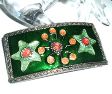 VINTAGE LARGE CLOISONNE ENAMEL FLORAL SILVER HAIR BARRETTE 4.5"