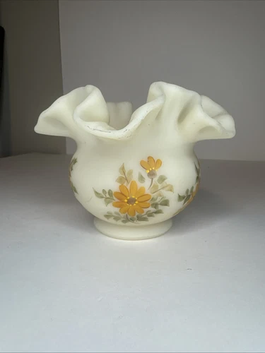 Fenton Ruffled Edge Custard Satin Glass Floral Bowl/Vase Hand Painted & Signed