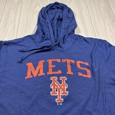 New York Mets Long Sleeve Hooded TShirt Men  s XL Blue Spellout Logo 47 Brand MLB