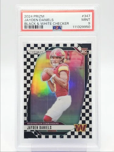 JAYDEN DANIELS 2024 PANINI PRIZM ROOKIE BLACK & WHITE CHECKER A RC PSA 9 Q0004