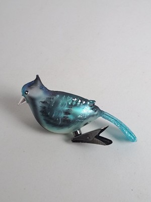 Hand Blown Glass BLUE JAY Bird Glittery Clip-On Ornament- Unbranded