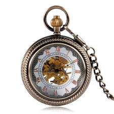 Steampunk Men's Mechanical Hand Wind Skeleton Pocket Watch Roman Numbers Chain