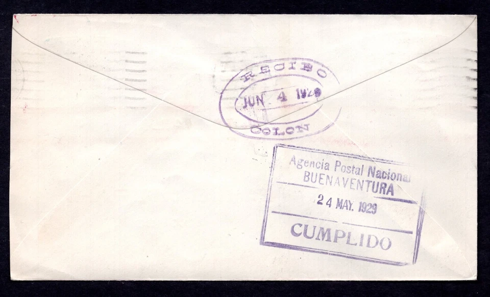 US CANAL ZONE 1929 FIRST FLIGHT COVER CRISTOBAL TO BUENAVENTURA & TUMACO - Image 2 of 2