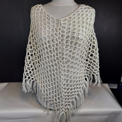 Handmade Boho Poncho Shawl Fringe Lightweight White S/M Cotton Blend Cover-Up