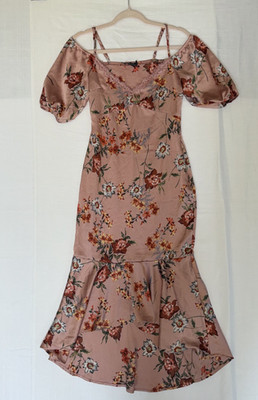 Pretty Little Thing Satin Floral Mermaid Dress Size 4 BodyCon Pink Asymmetrical