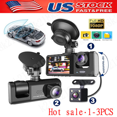 Car Dual Lens Dash Cam HD 1080P Front/Rear/Inside Video Recorder Camera G-Sensor