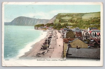 Sidmouth aus Jubilee Flagstaff Devon 1905 animierte Strandszene Boote Topographie