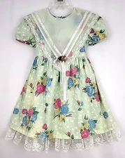Vintage Brooke Lindsay Dress Girls 6X Multicolor Bib Collar Puff Sleeve Lace Tie