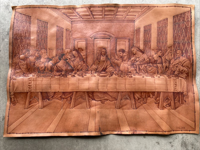 VTG One-Of-A-Kind Last Supper Handmade burned leather artwork 31x22  IRAQ 2005