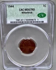 1944 1C CACG MS67RD WitterBrick WWII Lincoln Cent Signed Label Gem