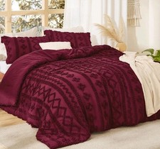 Bedsure Tufted Boho Comforter Set King Size 3 Pieces Burgundy Embroiderd