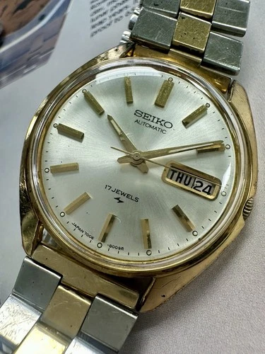 Vintage Seiko Automatic 7006-8007 17j Day Date Two-Tone Mens Watch Sunburst
