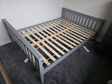 Grey Painted Wooden Double Bed Frame with Slatted Foundation, Modern Style