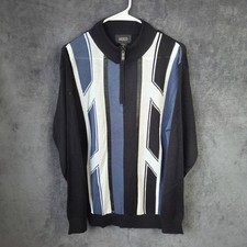 Miko Sweater Mens L Black Blue Wool Blend Geometric Stripe 1/4 Zip Retro