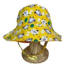 Baby Bucket Hat 0-12M Yellow Bird Print Sun Hat with Chin Strap - 100 Cotton