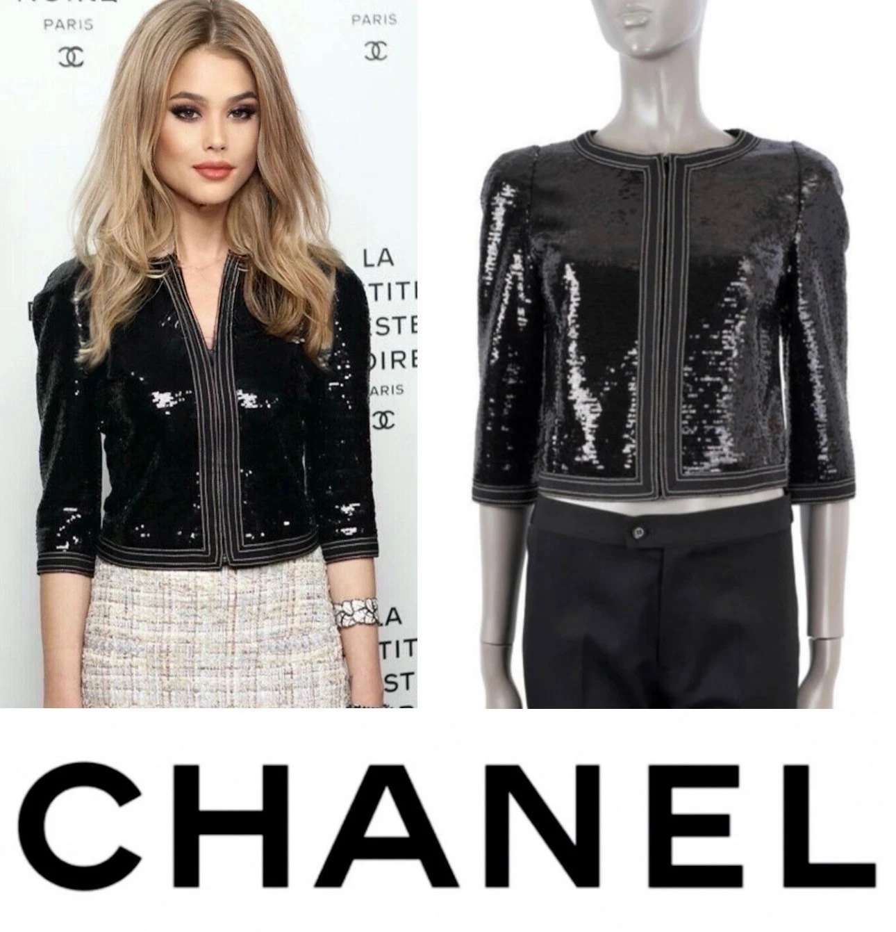 Giacca da sera corta Chanel vintage 2013 nera paillettes 34 36 2 4 cappotto top 13 S XS