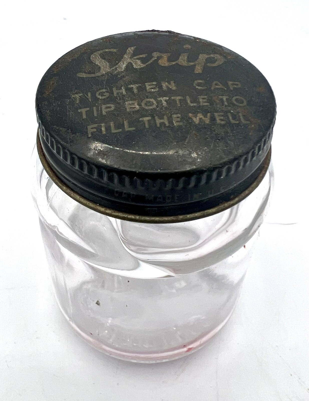 Vintage Sheaffer Glass Skrip Ink Bottle with Lid PAT 1759866 Empty Side Well