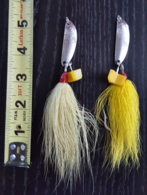 2 Side-Winder Jigging Spoons and treble hooks with bucktail and 6/0 hooks. 
