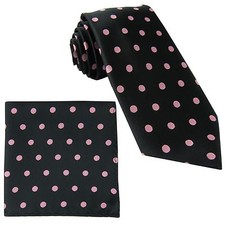 New Men's Poly Woven Necktie  Pocket Square Hankie Polka Dots Black Light Pink