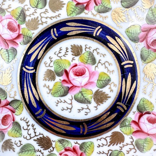 Rare New Hall Staffordshire porcelain 7pc dessert set, resist blue roses c. 1820 - Picture 15 of 24