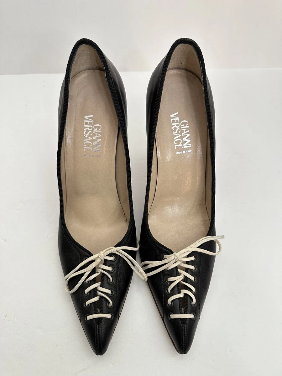 GIANNI VERSACE Shoes Black Leather Tie Up Women’s Size EU 37 Heels Made In Italy