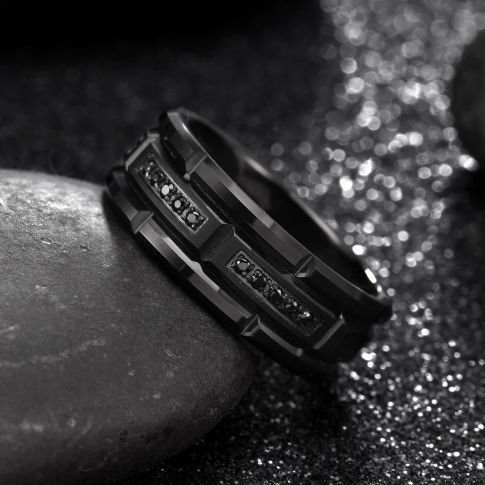 硬质合金黑色砖设计带黑色 CZ 戒指 8 毫米带免费雕刻 — 第 2/4 张图片