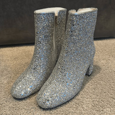 Women s Silver Glitter Covered Sparkly Chunky Heeled Boots Size 7.5 NEW