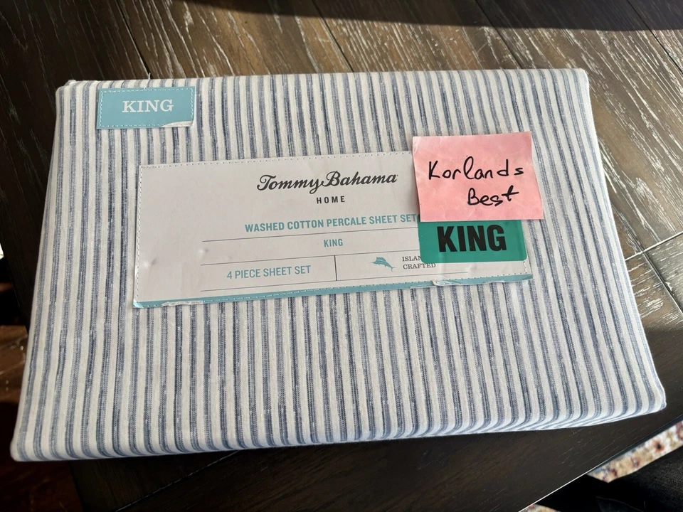Tommy Bahama KING 床单套装水洗 100% 棉 Percale 蓝色白色条纹 4 件 全新 — 第 3/4 张图片