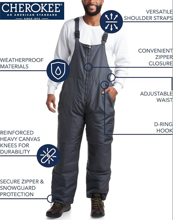 CHEROKEE Men's Snow Bib Insulated Waterproof Snow Pants, Ski/Snowboard