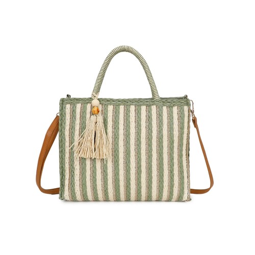 Boutique gewebte Strohtasche Damen Quasten Deko Streifen Muster Medium Beuteltasche Schulter - Bild 2 von 22
