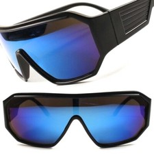 Retro Futuristic Party Rave Sci-Fi Blue Mirrored Lens Wrap Shield Sun Glasses