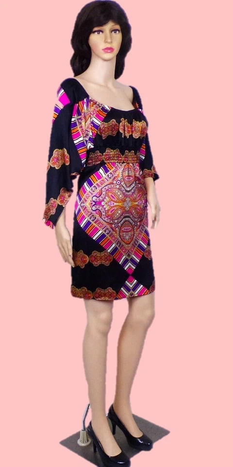 SILK! VOOM BY JOY HAN size L Jrs multicolor fit/flare angel-wing dress 100% silk - Image 2 of 4