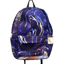 Violet Purple Marble Swirl Nylon Backpack With Front Zipper Pocket Side Pockets
